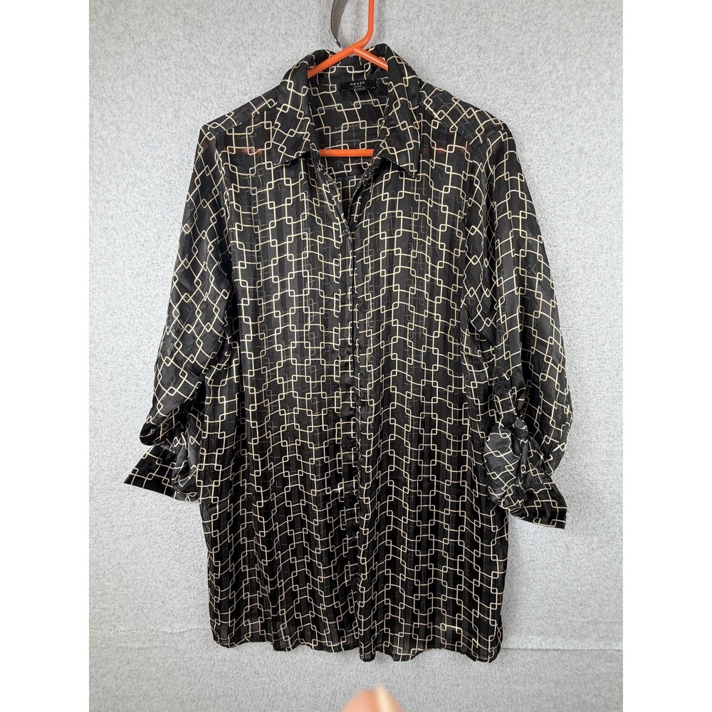 Haver London Shirt Womens 1X Black Geometric Button Up Long Sleeve Tunic Top